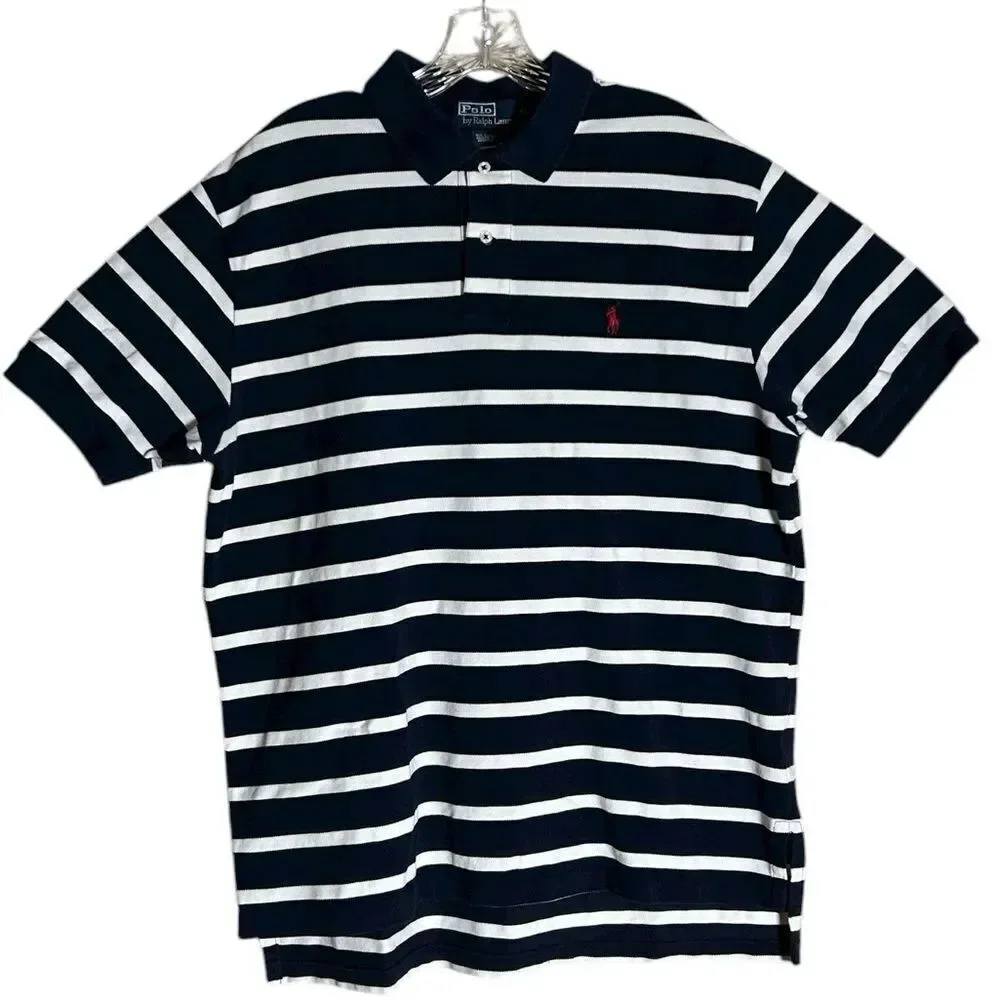 Ralph Lauren Mens Navy Blue and White Striped Polo Shirt